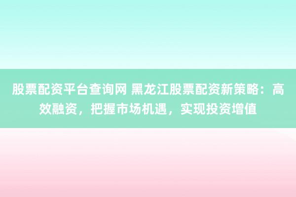 股票配资平台查询网 黑龙江股票配资新策略:高效融资,把握市场机遇,实现投资增值